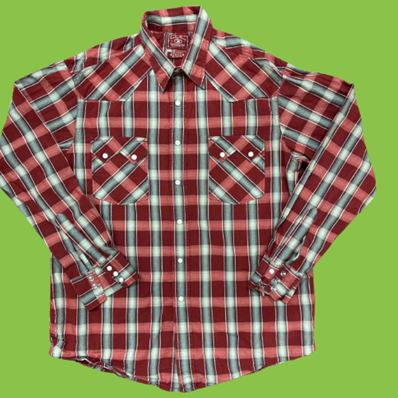 Lucky Brand Other - Lucky Brand Western Pearl Snap Button Down Red Gray Checkered Shirt Medium